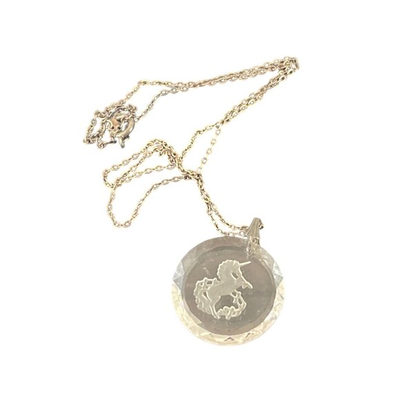 Vintage Crystal Unicorn Etched Glass Pendant Necklace With Fine Chain 18'' Sterl - Picture 2 of 5